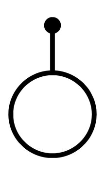Minimalist monoline icon of a circular hanging sign suspended by a thin cord from a mount isolated on white. Retail shop signage concept