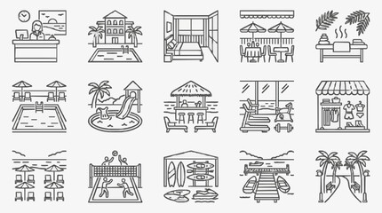 Fototapeta premium Modern Black and White Line Icons Set of Luxury Resort and Beach Amenities with Relaxation and Activity Illustrations