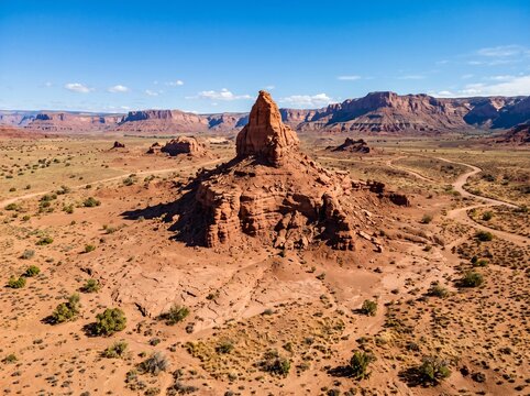 Aerial view of a towering red sandstone rock formation standing prominently in a vast Southwest desert landscape