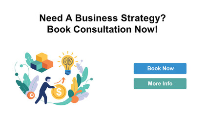 Fototapeta premium Business strategy consultation booking web banner template with cartoon icons and interactive registration buttons.