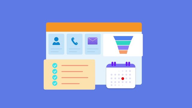 Minimal animated sales funnel dashboard interface featuring user profiles, document workflow, conversion funnel, and calendar scheduling. Modern motion graphic for marketing analytics, sales managemen