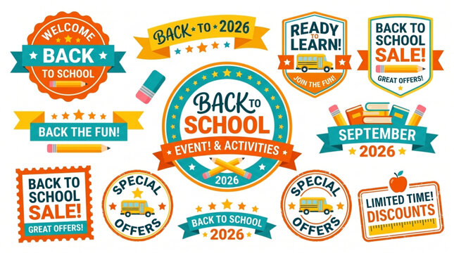 Back to School Sale and Event Badge Vector Illustration Set