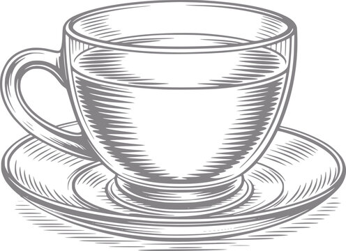 Un grabado de estilo vintage cl&aacute;sico de una taza de caf&eacute; y plato aislado sobre un fondo blanco liso