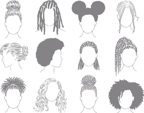 Una colecci&oacute;n de diversos peinados femeninos con trenzas, rizos, mo&ntilde;os y texturas naturales en estilo lineal