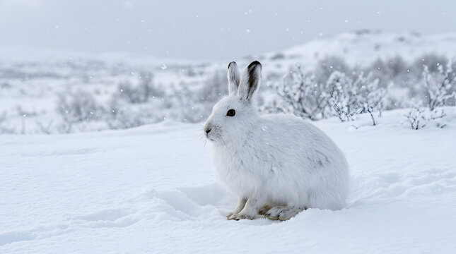 Arctic hare sitting quietly in deep snow during light snowfall in freezing winter tundra