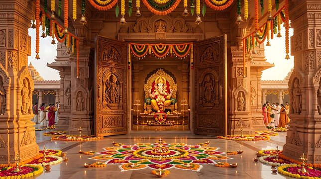 Lord Ganesha Statue in Decorated Hindu Temple for Ganesh Chaturthi