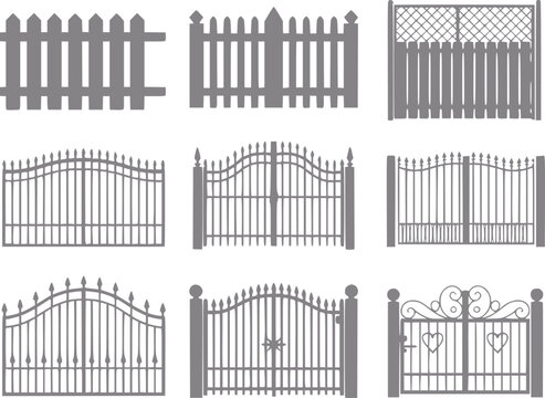 Una colecci&oacute;n de varias vallas y puertas que presentan estilos de estacas de madera y herrer&iacute;a met&aacute;lica decorativa