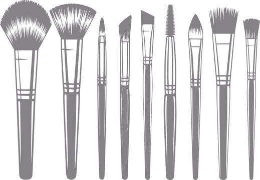 Una colecci&oacute;n de varios pinceles de maquillaje para aplicaci&oacute;n en cara y ojos en estilo plano