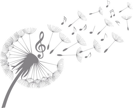 Una imagen creativa de una flor de diente de le&oacute;n con semillas transform&aacute;ndose en notas musicales sobre un fondo blanco