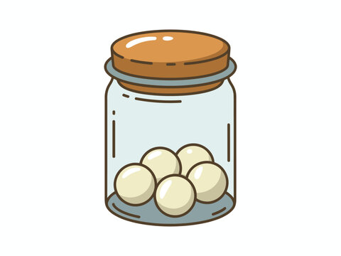 Un lindo dibujo animado de un frasco de vidrio lleno de peque&ntilde;as bolas blancas redondas o canicas sobre fondo blanco