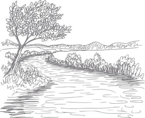Obraz premium Un dibujo a mano pacífico de un río serpenteante que fluye a través de un paisaje escénico con un árbol y montañas