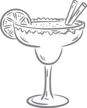 Un dibujo a mano de una copa de c&oacute;ctel margarita adornada con una rodaja de lima fresca y dos pajitas