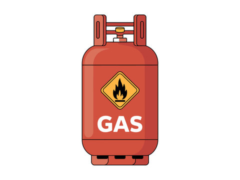 Un contenedor de cilindro de gas de metal rojo con una se&ntilde;al de advertencia de peligro inflamable y una etiqueta de texto blanco aislado en blanco