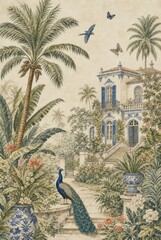 Obraz premium Tropical garden villa with peacock, palm trees, butterflies, and blue accents