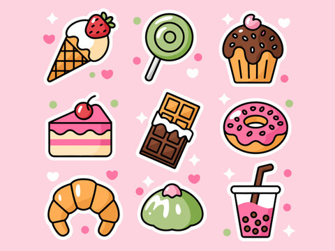 Lindo conjunto de pegatinas de estilo kawaii con varios postres dulces, pasteles y bebidas sobre un fondo rosa suave