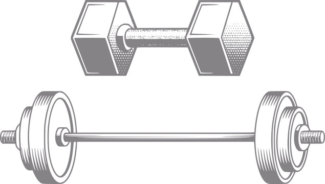 Una imagen de estilo vintage con una mancuerna hexagonal cl&aacute;sica y una barra pesada para entrenamiento f&iacute;sico