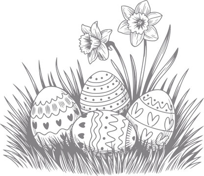 Dibujo a mano de huevos de pascua decorados anidados en hierba verde con narcisos primaverales en flor