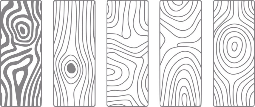 Conjunto de cinco paneles rectangulares verticales con diferentes patrones y texturas de vetas de madera estilizadas