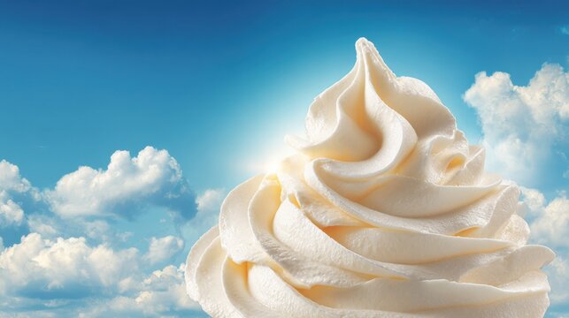 Whipped Cream Swirl Against a Bright Blue Sky and Fluffy White Clouds with Sunlight Peeking Through, Evoking Freshness and Summer Vibes