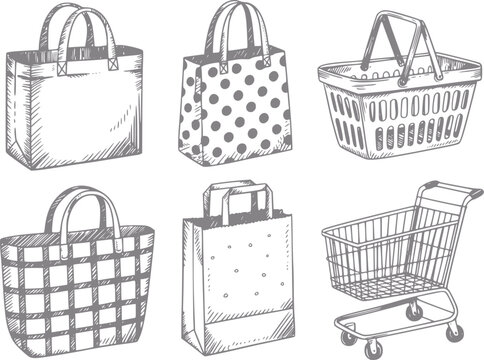 Conjunto de bolsas de compras, cestas y un carrito dibujados a mano para venta al por menor, comestibles y comercio de consumo