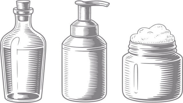 Grabado vintage de envases cosm&eacute;ticos incluyendo una botella de vidrio, dispensador de bomba y tarro de crema