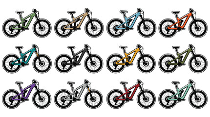 Obraz premium Colorful full suspension mountain bike vector illustrations set on white