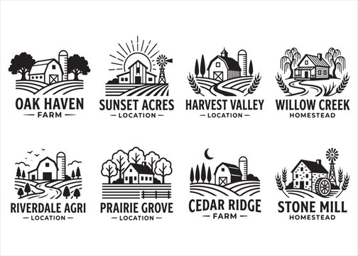 Set of farm and homestead logo templates with barns, windmills, and fields