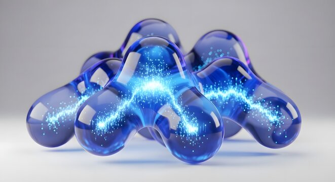 Abstract 3D render of a futuristic blue fluid organic blob shape with internal data energy