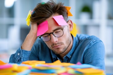 Naklejka premium Exhausted corporate worker with endless sticky memo tasks
