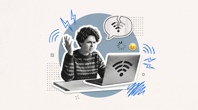 Frustrated woman dealing with slow internet connection and broken wifi signal halftone collage elements. Trendy retro vintage dot texture stickers with computer loading icon and doodle graphics.