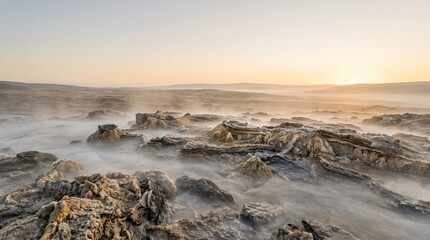 Fototapeta premium ​Abstract landscape of mineral formations and steaming thermal springs at sunrise with a misty horizon 