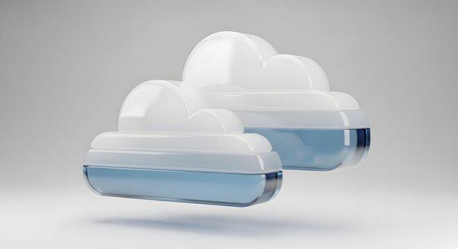 Sleek 3D illustration of a minimal double layered white cloud icon with a blue glass base