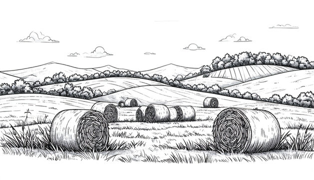 Vector illustration of a large round hay bale in a grassy field with trees in the background, sketched in black and white.