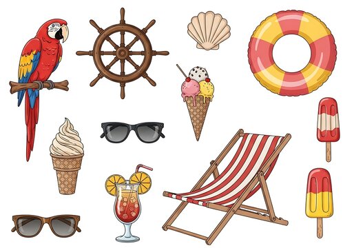 Colorful summer items and parrot on wooden surface