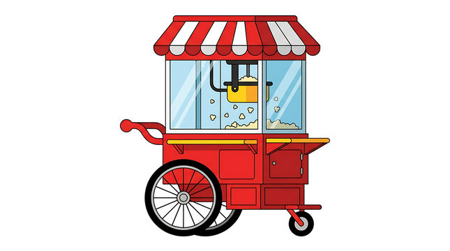 Classic Red Popcorn Cart with Transparent Display Window Showing Freshly Popped Corn and Wheels on a White Background