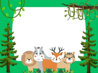 Naklejka premium Jungle animals with pine trees and green forest foliage