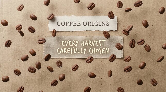 Roasted coffee beans floating around rustic labels with text coffee origins and every harvest carefully chosen on textured brown paper background, perfect for artisanal cafe branding and marketing ad.