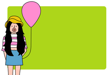 Girl blowing bubble gum and pink balloon design element