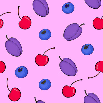 Cute Hand Drawn Fresh Fruits Seamless Pattern on Pink Background &ndash; Colorful Dessert Illustration for Wrapping Paper, Fabric and Textile Design