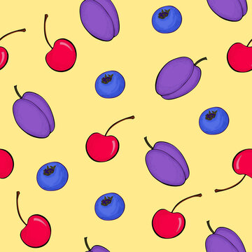 Cute Hand Drawn Fresh Fruits Seamless Pattern on Yellow Background &ndash; Colorful Dessert Illustration for Wrapping Paper, Fabric and Textile Design