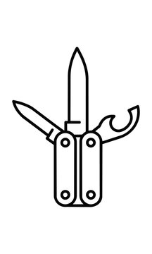 Minimalist black and white line drawing of a classic multi-tool pocket knife with blades and can opener fanned out, simple geometric equipment concept
