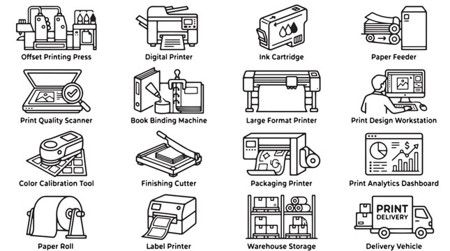 Professional printing industry icons set, commercial offset press and digital printer equipment, 16 line art vector illustrations for print shop services