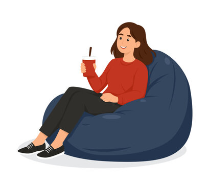 Young Woman Relaxing on Bean Bag Chair Holding Soft Drink Flat Illustration