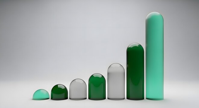 Symmetrical 3D design showing a data growth graph bar composed of sleek green and gray columns