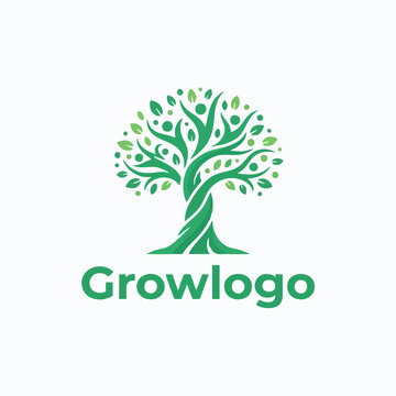 Green tree of life logo symbol with human figures in leaves concept environment community wellness connection abstract illustration corporate identity branding sustainability teamwork