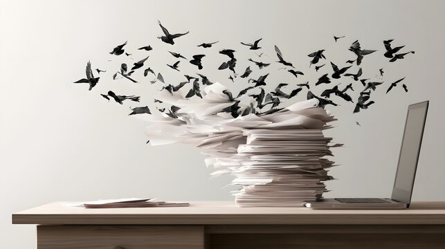 A towering stack of papers erupts into a flock of birds taking flight above a minimalist desk with an open laptop