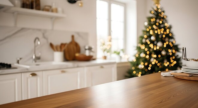Empty wooden kitchen counter with a blurred christmas tree in the background, perfect for product display or holiday food photography