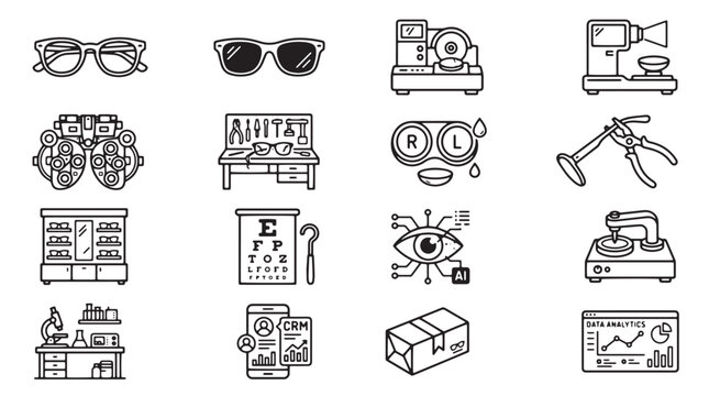 Optometry and ophthalmology icon set, 16 professional eye care line icons, medical vision correction and diagnostic equipment vector collection