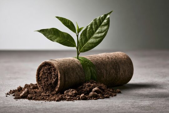 Young plant sprouting from eco-friendly biodegradable packaging