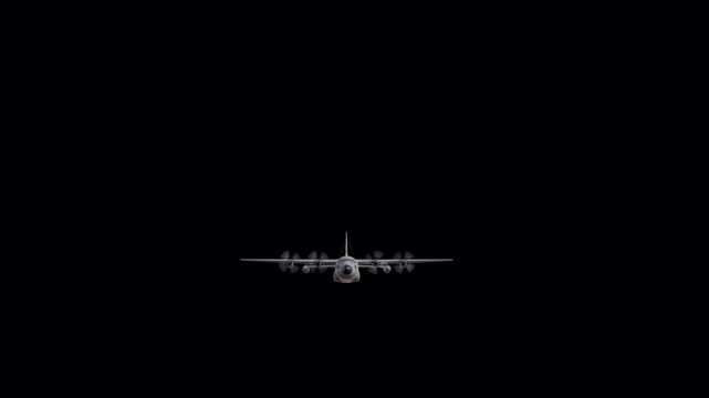 Military Cargo Transport Aircraft Flying Rotation on Black Background 3D Animation 4K